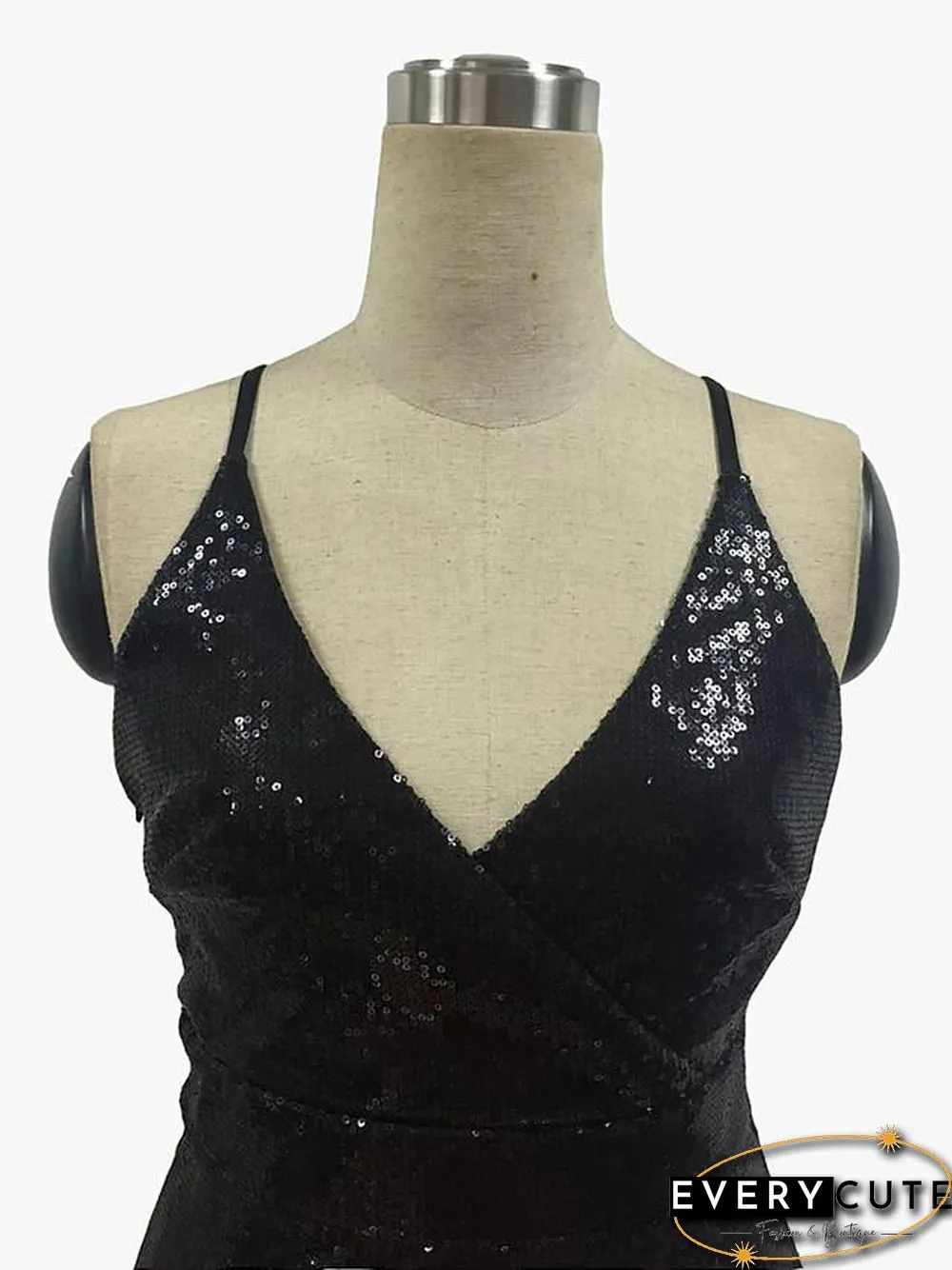 Womens Strap Dress Knee Length Black Sleeveless Solid Color Backless Sequins Summer Neck