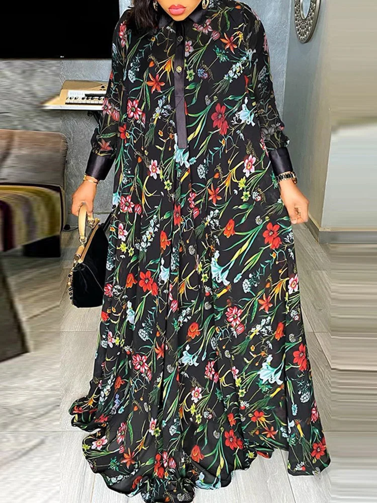 Floral Print Long Sleeve Lapel Maxi Dresses For Women SKUJ23642 QueenFunky