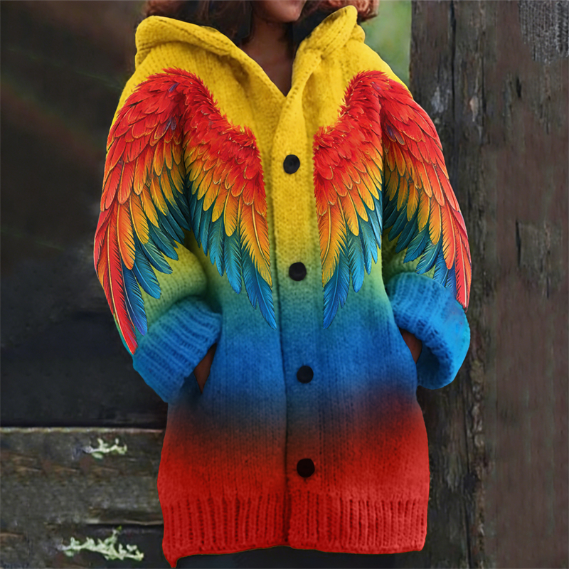 Colorful Macaw Parrot Wings Gradient Cozy Hooded Cardigan wearshes