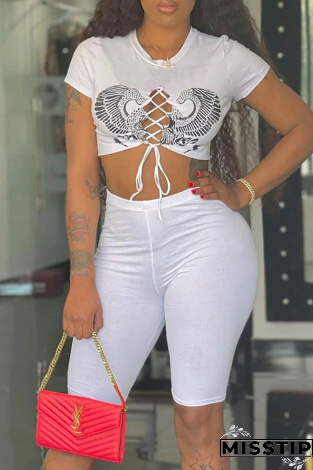 White Fashion Casual Print Hollowed Out Strap Design O Neck Short Sleeve Two Pieces