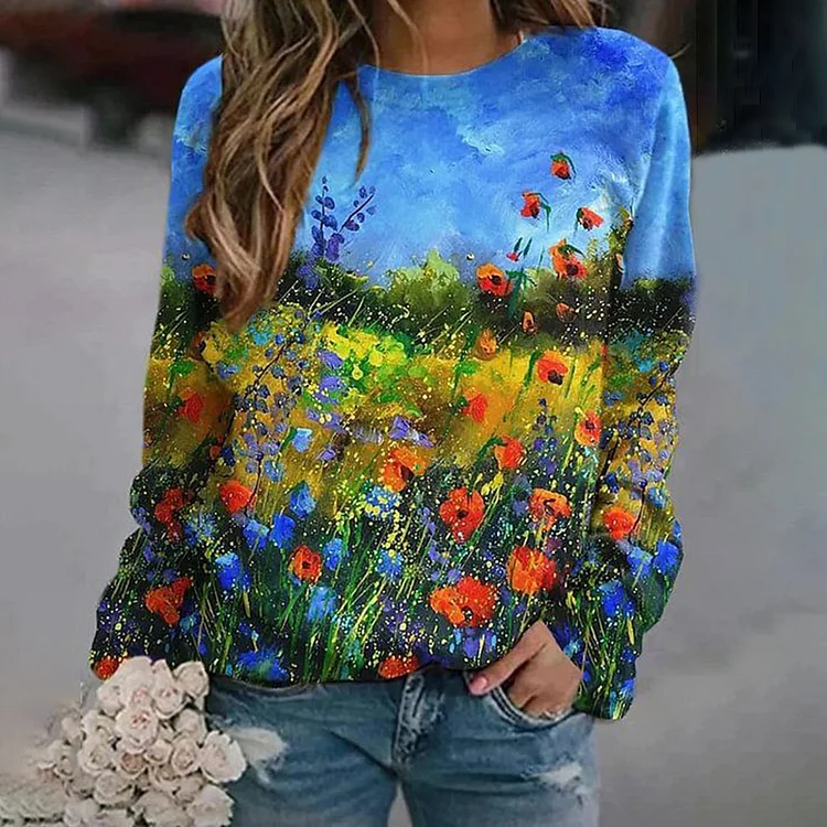 VChics Art Floral Printed Casual Sweatshirt
