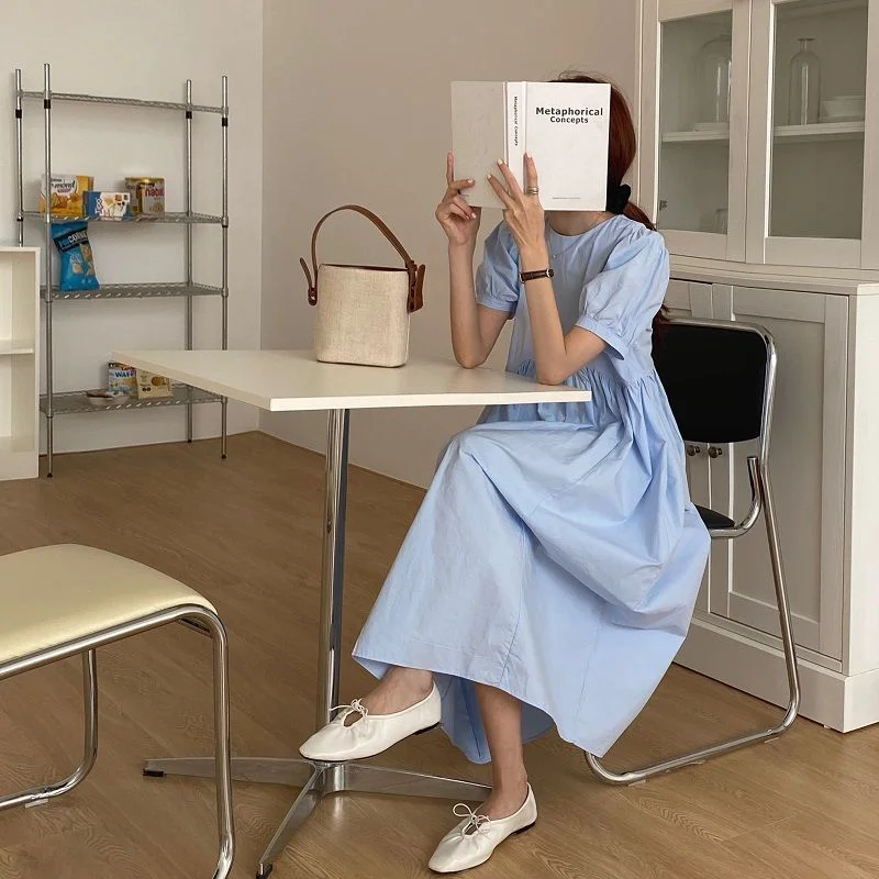 Short Sleeve Dress Women Solid Pink Basic Classic Simple Summer All-match Female Loose Korean Kawaii Sweet Vintage Chic