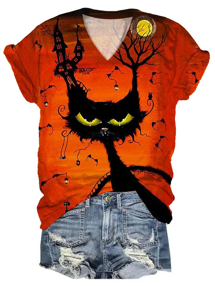 WOMEN'S V NECK FUNNY CAT PRINT TOP