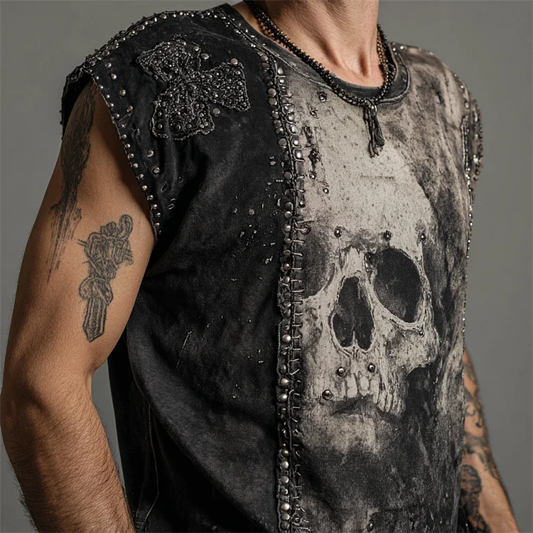 Men's Rock Skull Studded Contrast Patchwork Tank Top
