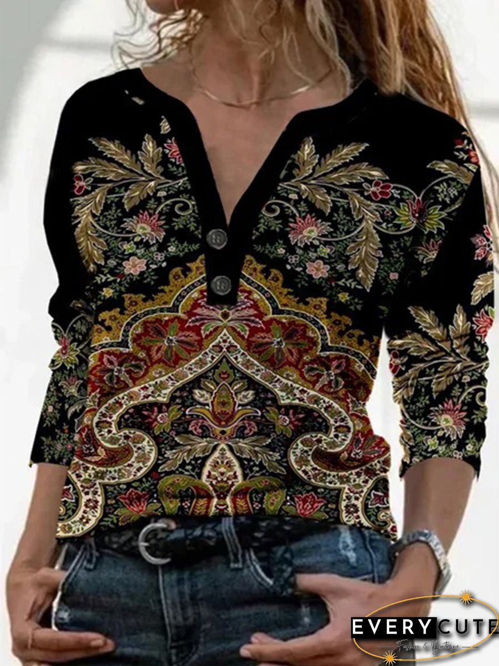 Paisley Printed Long Sleeve Polo Plus Size Casual Tops