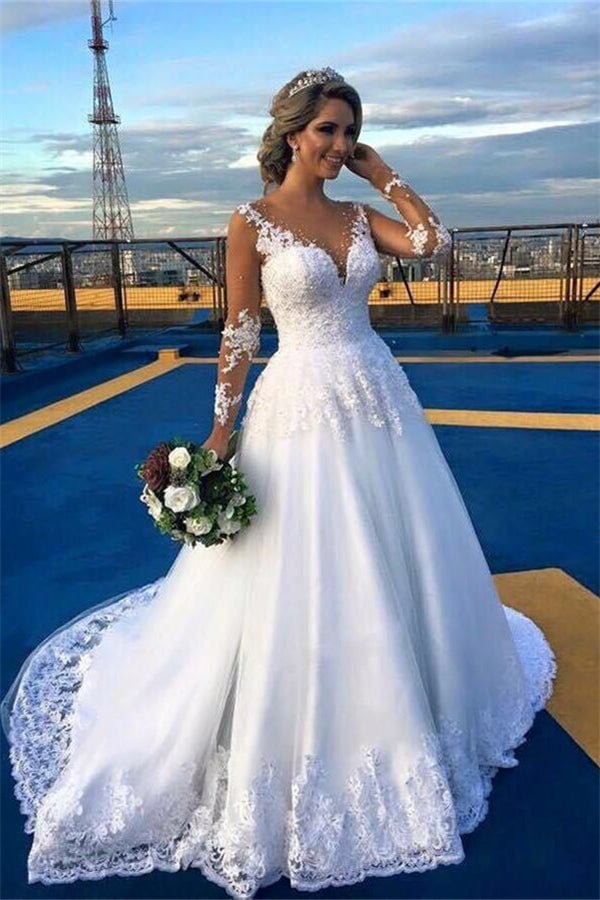 V Neck Long Sleeves Wedding Dress A Line With Lace PA0037