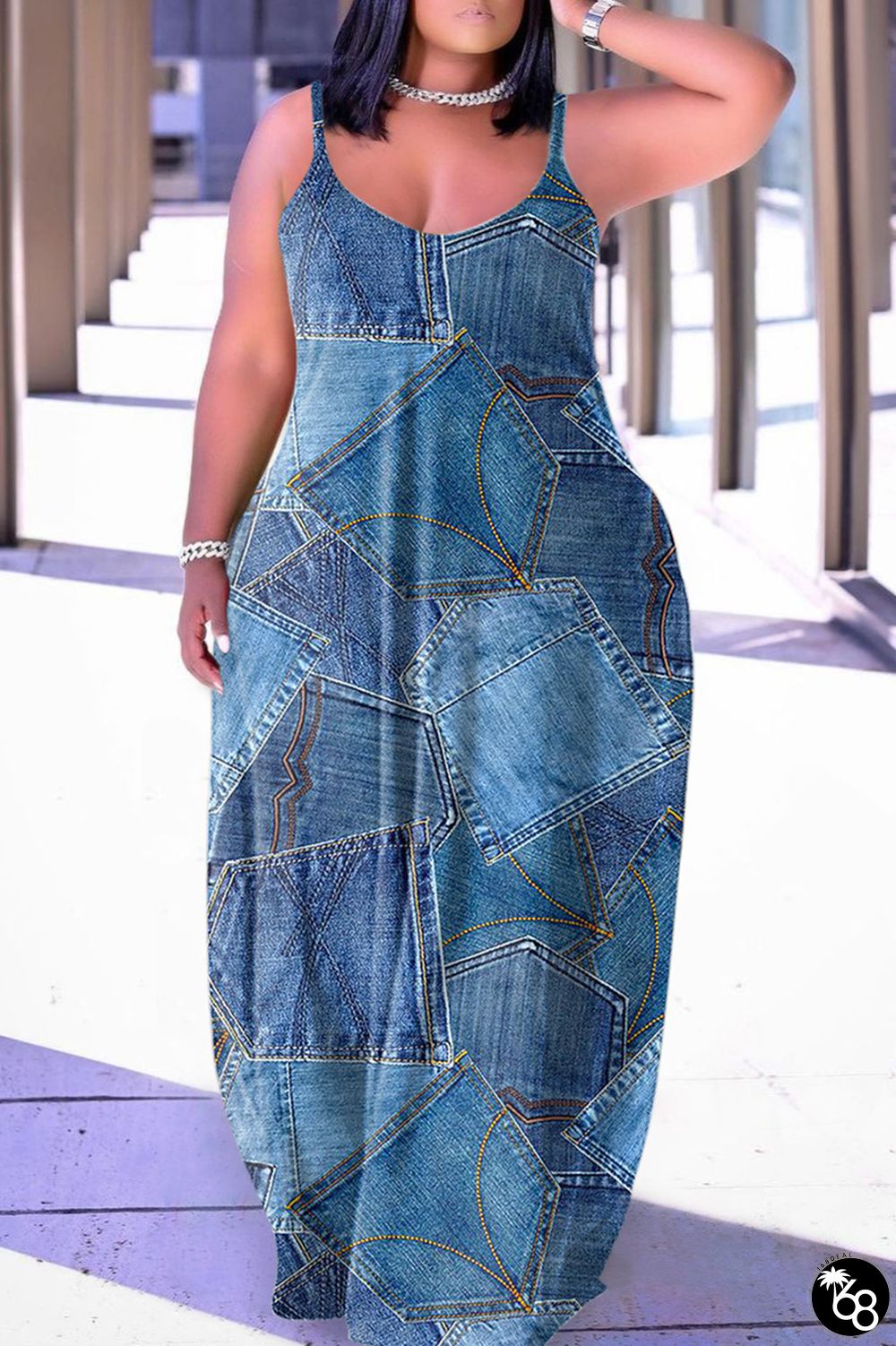 Blue Sexy Casual Print Backless Spaghetti Strap Long Dress Dresses | 168DEAL