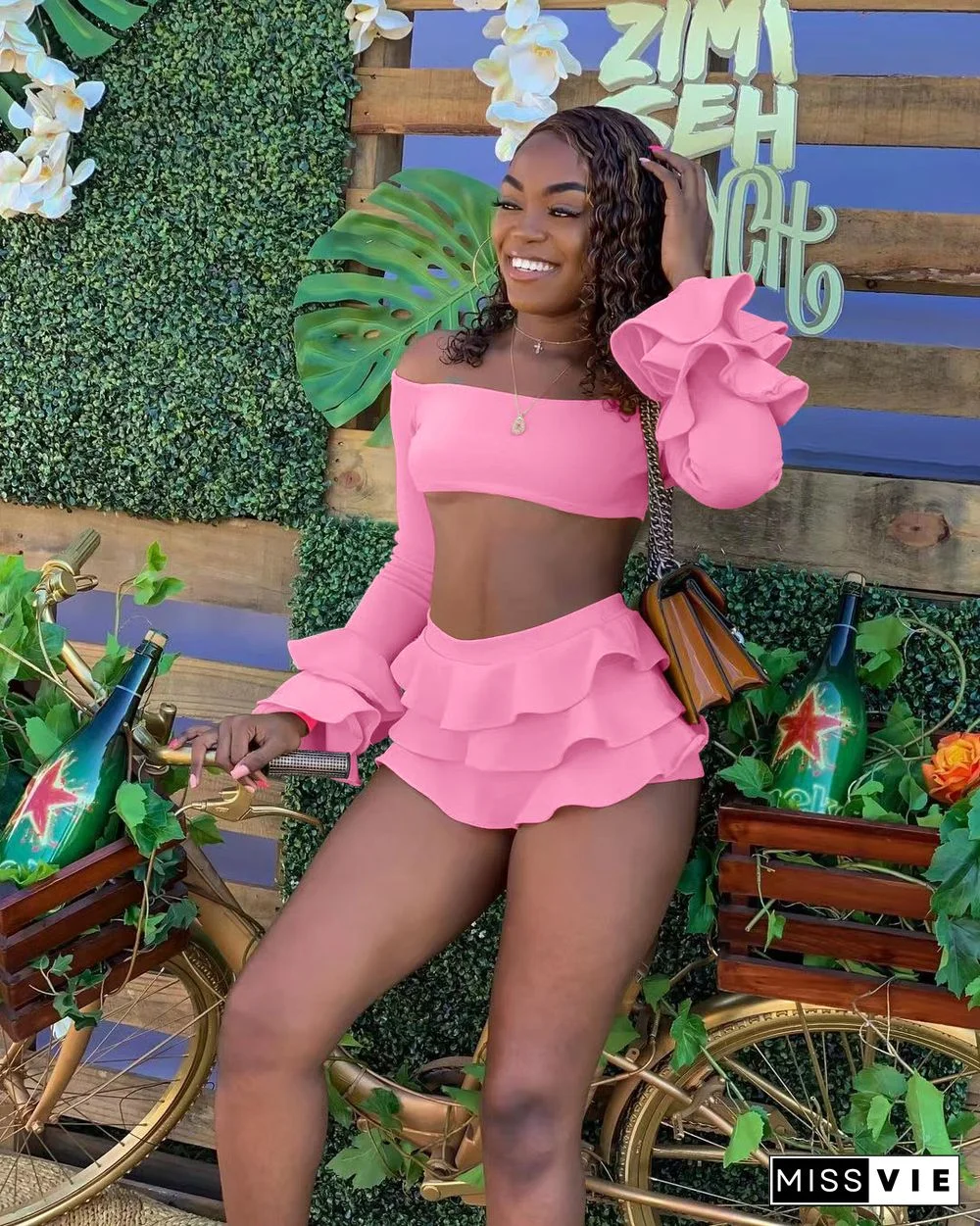 Sexy Off Shoulder Crop Tops Ruffle Mini Skirt Sets