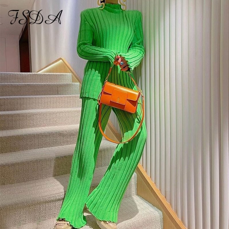 FSDA 2021 Autumn Winter Long Sleeve Sweater Top Green And Pants Knitted Casual Women Two Piece Set Khaki Fashion Suit