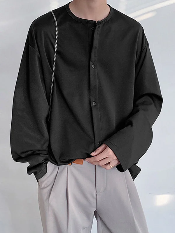 Aonga - Mens Solid Loose Collarless Long Sleeve ShirtJ