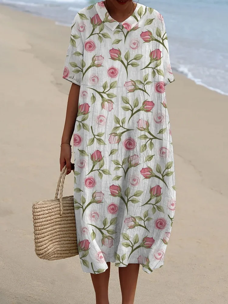 Women's Rose  Print Pocket Linen Dress（Convertible Dress With Front And Back Option）