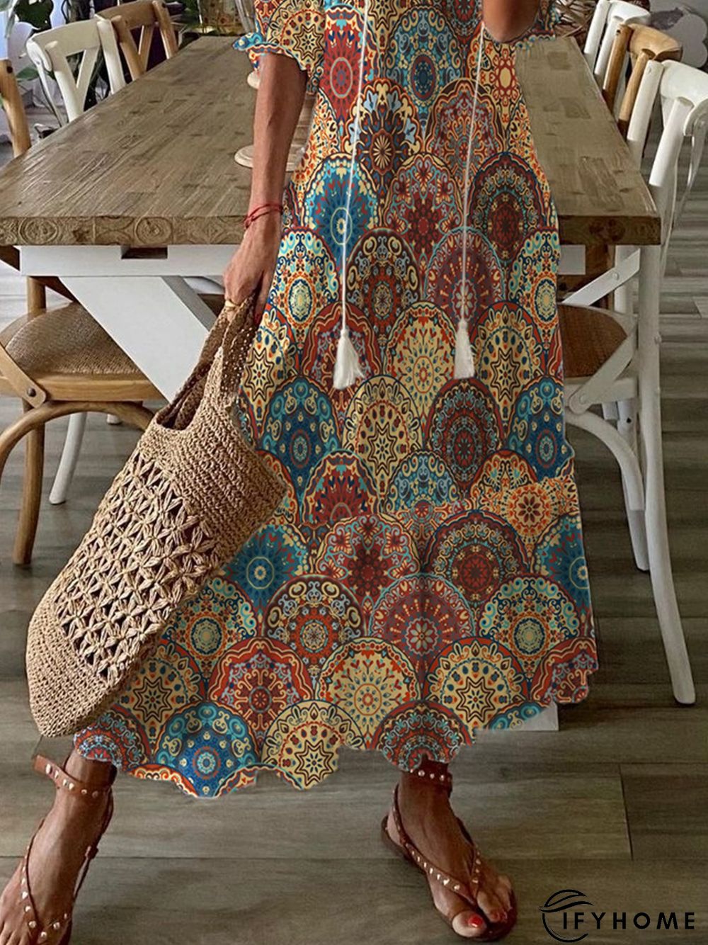 V Neck Geometric Half Sleeve Casual Dress | IFYHOME