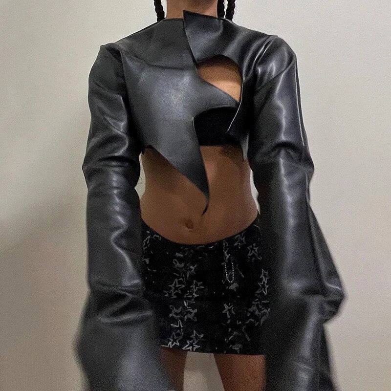 uforever21 Hip Hop Faux Pu Leather Punk Grunge Crop Jackets Mall Gothic Irregular Coats Fashion Women Black Long Sleeve Black Streetwear
