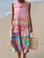 Women's Retro Cancer Awareness Ribbon Art Gradient Style Print Sleeveless Cotton Wrap Dress