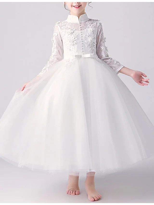 Hellodresses A-Line Ankle Length 3/4 Length Sleeve High Neck Flower Girl Dress Tulle With Bow Beading  Appliques