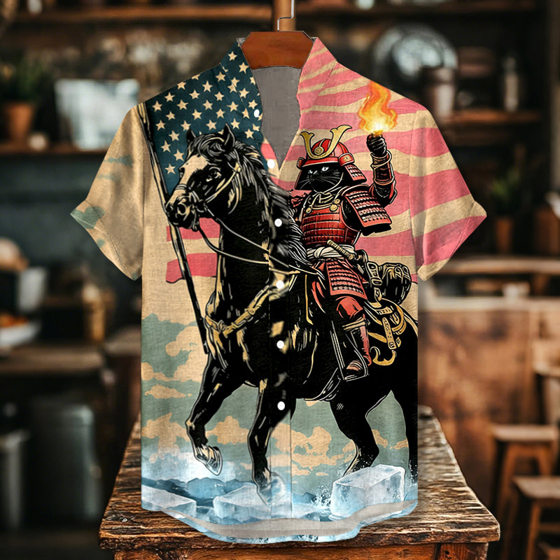 Men's Retro Melt Ice With Black Cat Samurai Art Print T-shirt  artssus