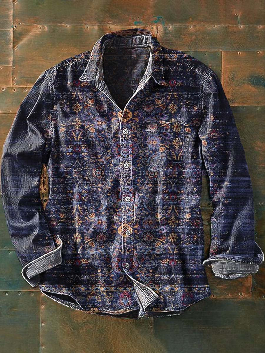 Men's Vintage Western Cowboy Print Casual Lapel Long Sleeve Shirt