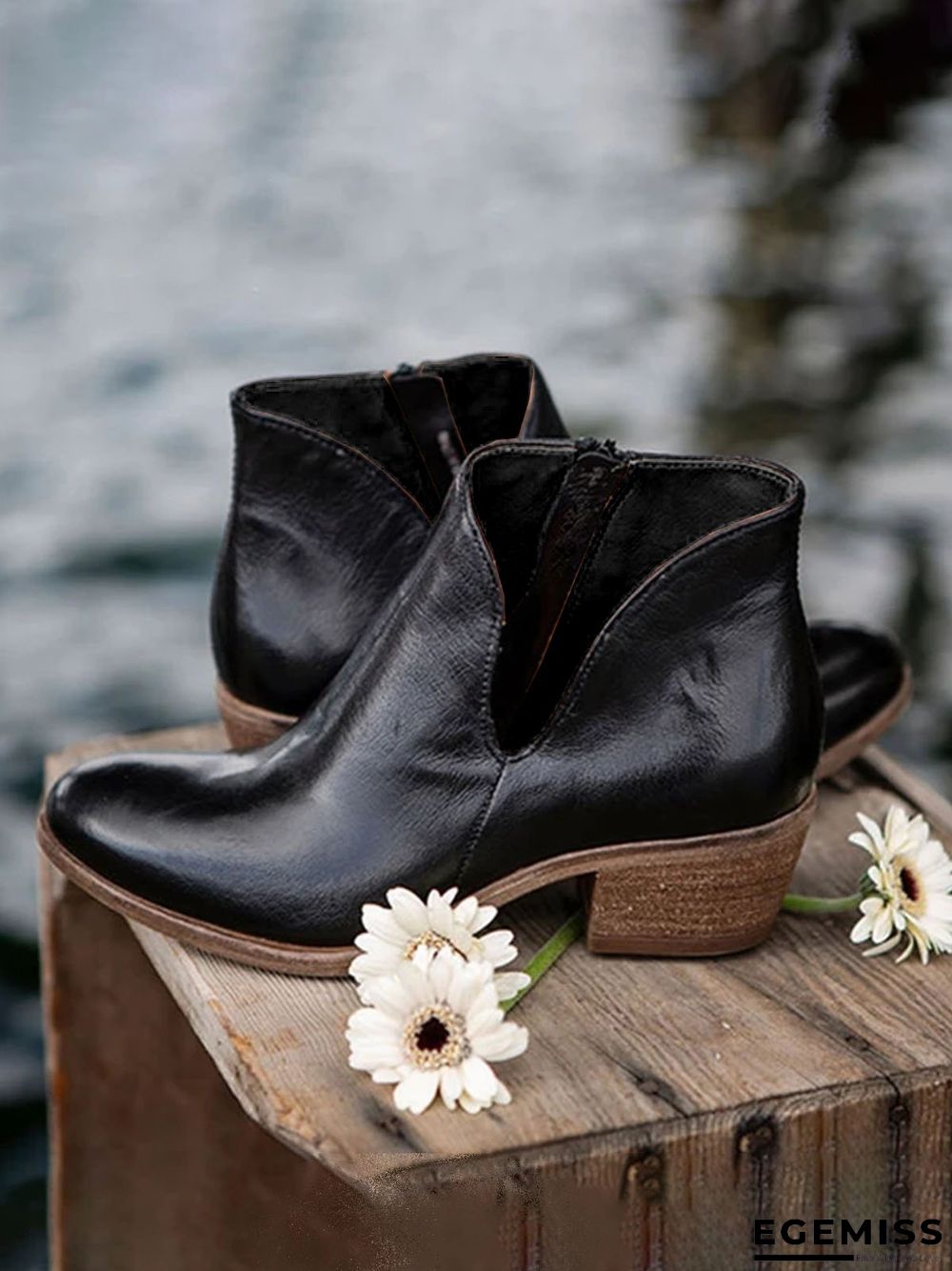 Retro Distressed Polished Color Zipper Thick Heel Pointed Ankle Boots | EGEMISS