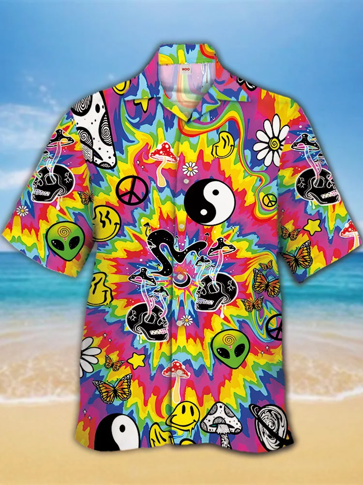 Eye-Catching Psychedelic Hippie Rainbow Ink Spill Background  Yin Yang Symbol Printing Cuban Collar Hawaiian Short Sleeve Shirt BestDVibe