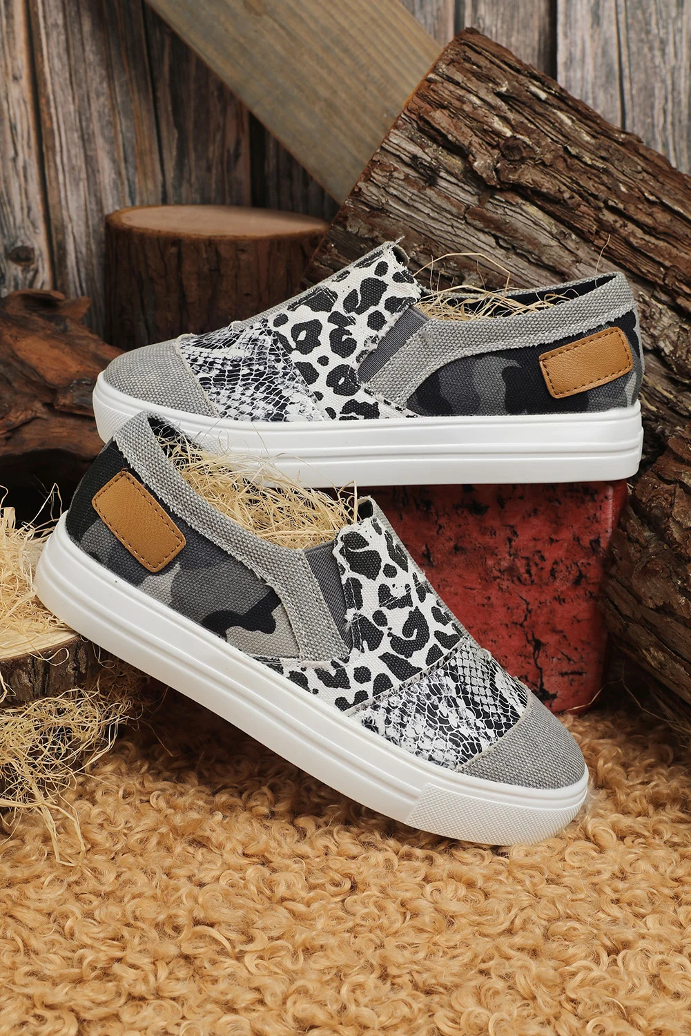 Gray Snake Leopard Mixed Print Slip-on Canvas Shoes | IFYHOME