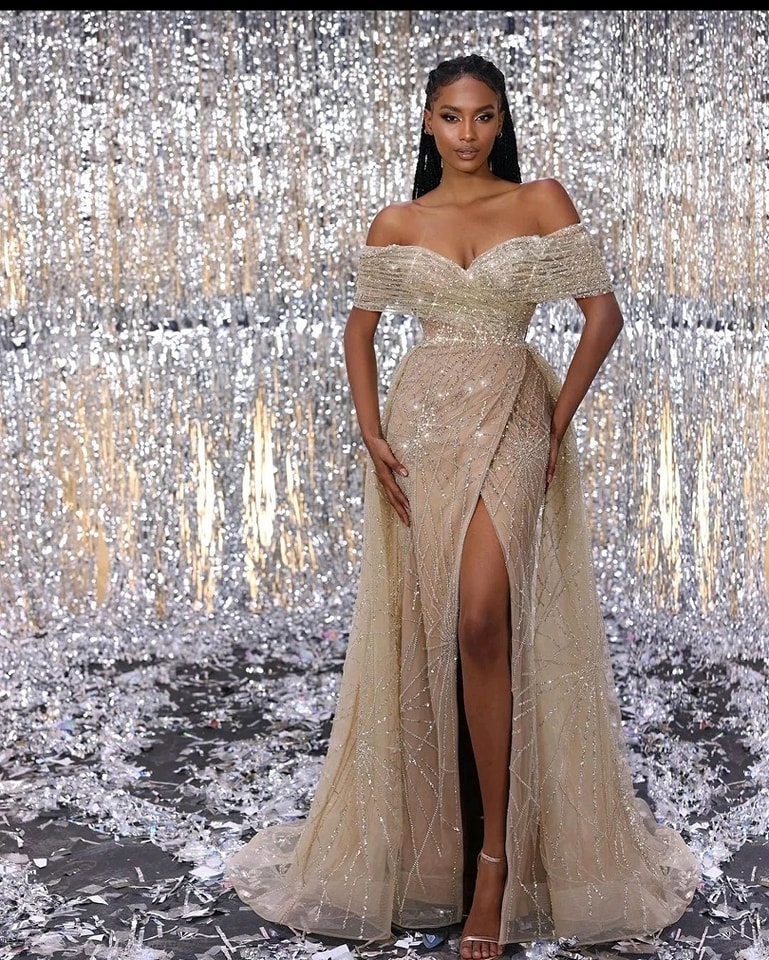 Oknass Elegant Champagne Sequins Off the Shoulder Long Split Prom Dress with Beadings