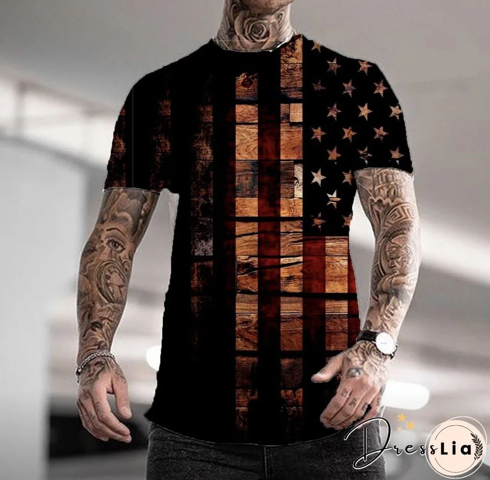 Flag 3D Printed Crew Neck Short Sleeve Street Trend