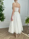 White Daisy Flower 3D Floral Ball Gown Tea Length Midi Bridal Dress Garden Party Cottagecore A Line Embroidered Tulle Mesh Formal