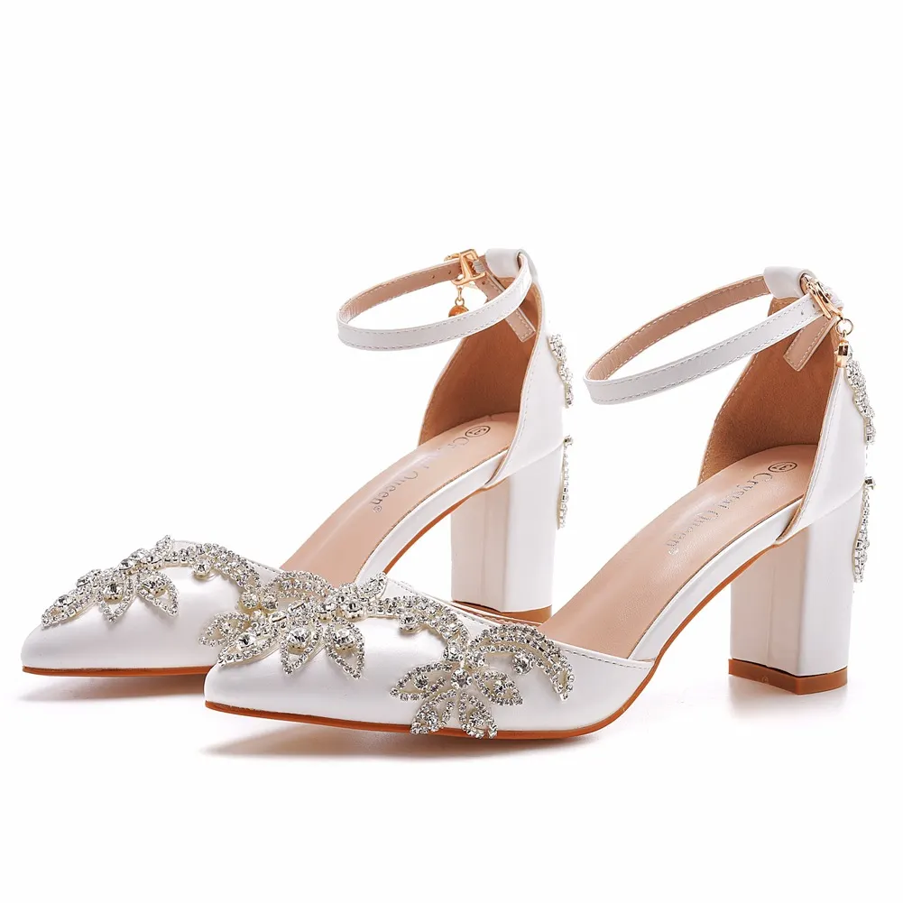 Breakj Breakj Cm Coarse Heel Pointed Shoes Hollow Shoes Square Sandals Water Drill Wedding Shoes Female White Wedding Shoes Diamond