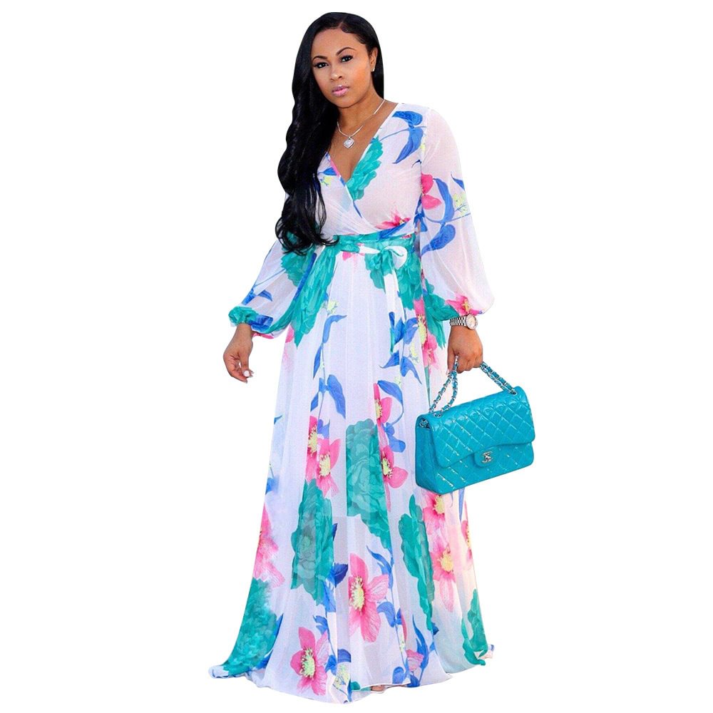 Chiffon Printed Long-sleeved Dress With Lined Waistband | EGEMISS
