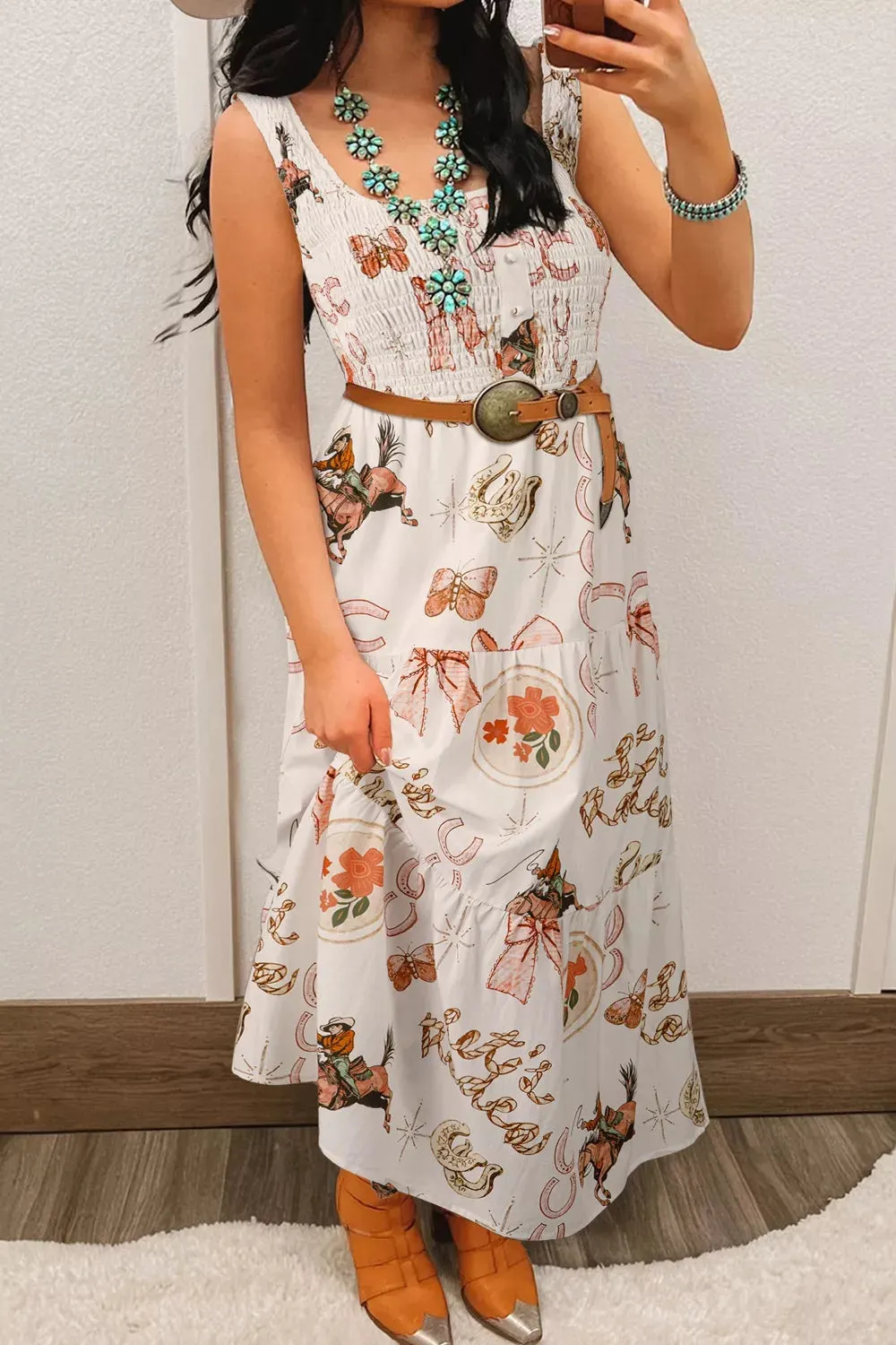Western Horseshoe Print U-Neck Sleeveless Midi Dress mysite idetrend