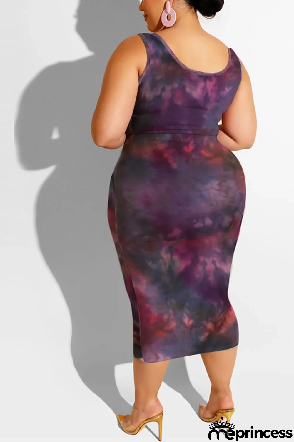 purple Polyester Sexy Slip Print Belt Tie Dye Plus Size
