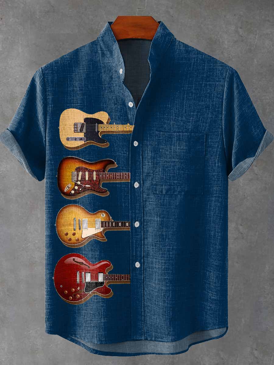 Artistic Creative Guitar Vintage Print Casual 100% Cotton Shirt