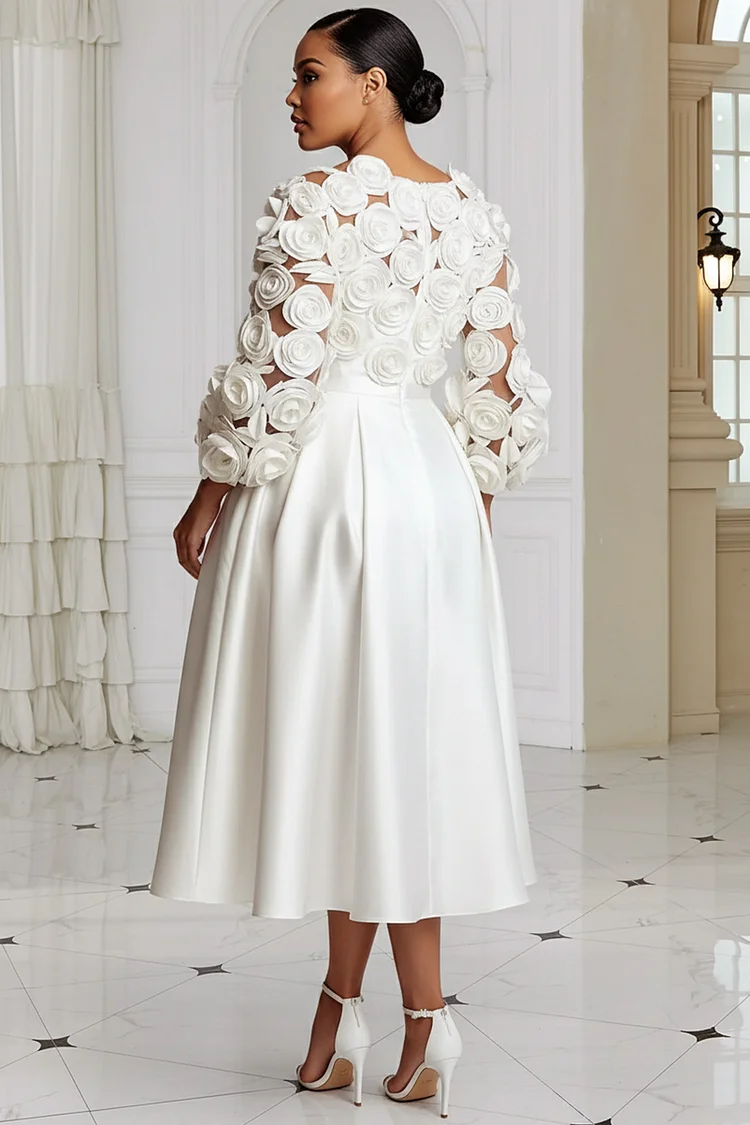 Xpluswear Design Plus Size Wedding White Round Neck 3/4 Sleeve 3D Elegant  Pocket Satin Midi Dresses - Xpluswear.com
