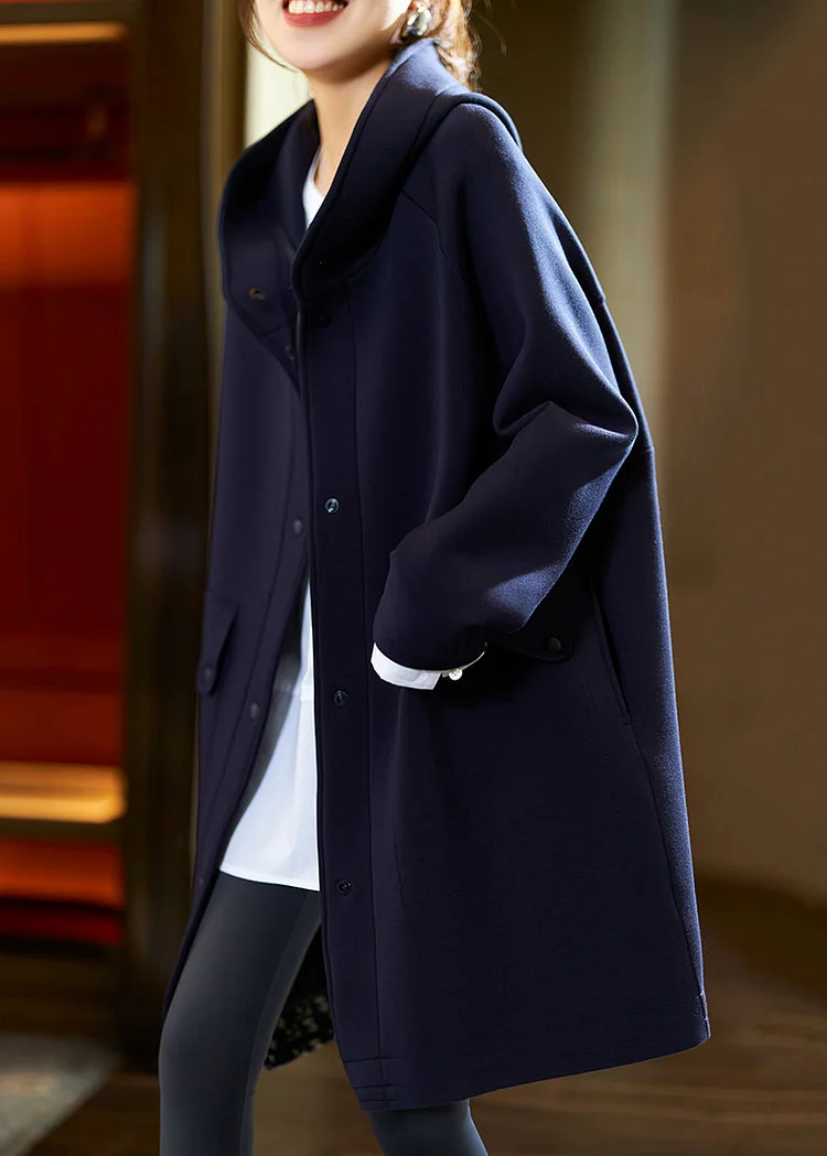 Navy Pockets Oversized Cotton Coats Hooded Long Sleeve