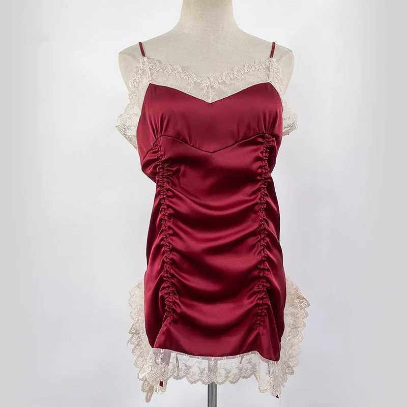 French Sexy Nightdress Women Sleepwear Summer Strap V-neck Lace Split Strap Nightgown Silk Night Dress Dropshipping