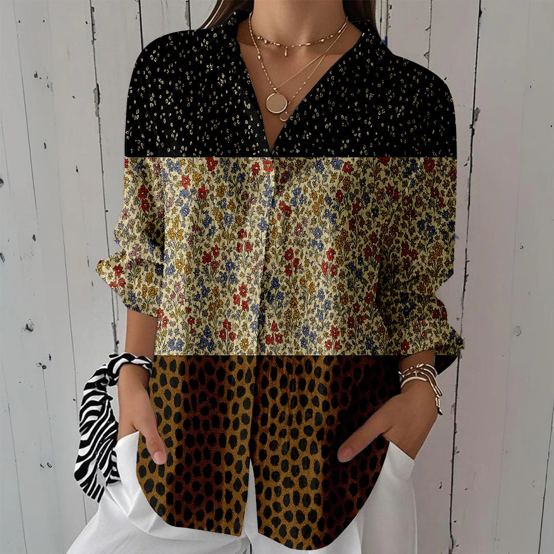 Style & Comfort for Mature Women Women Floral,Black,Brown,Beige DZCL0301 3/4 Sleeve Shirt Collar Printed Button Tops