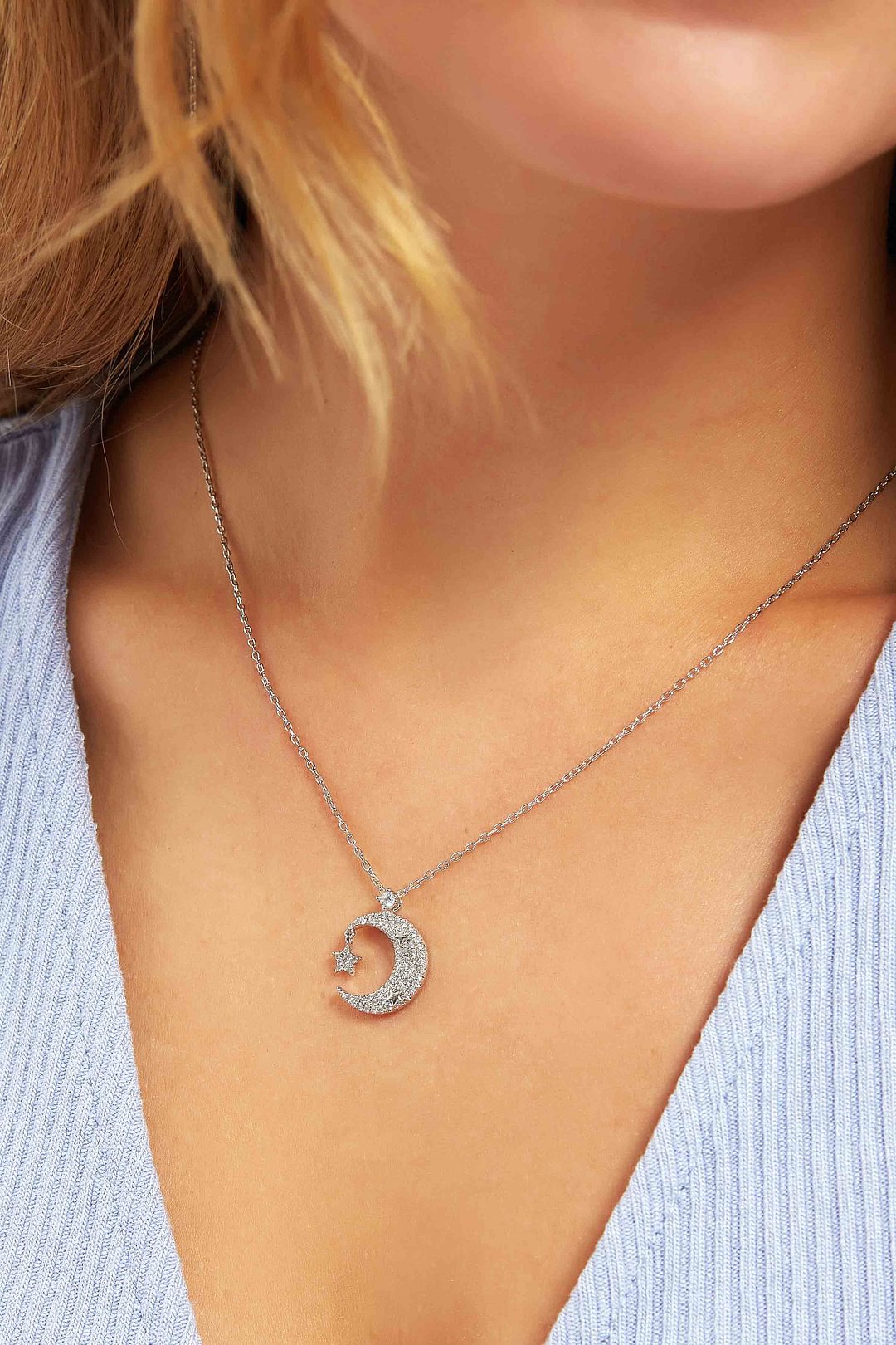 Crescent Moon Shaking Star "Hold Me Tight" 14K Gold Pendant Necklace