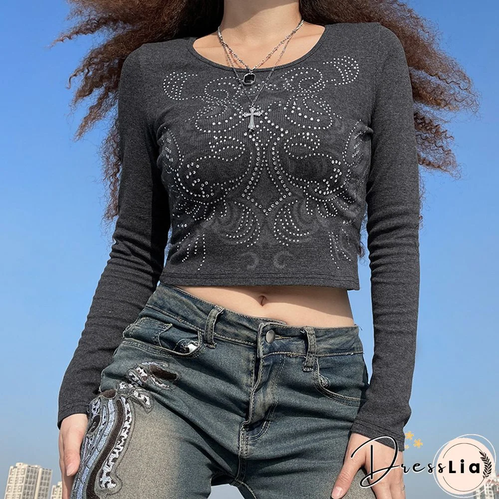 Retro Hot Rhinestone Print Long Sleeve Shirt