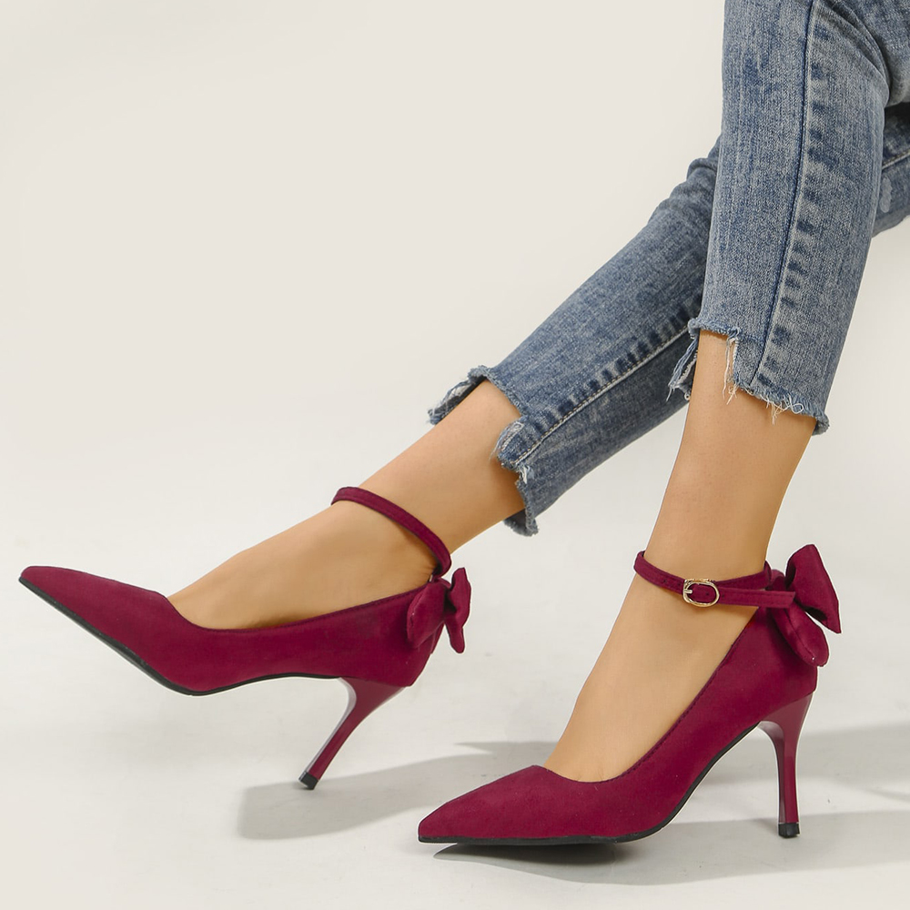 Maroon Vegan Suede Pointed Toe 3'' Stiletto Heel Ankle Strap Pumps Nicepairs