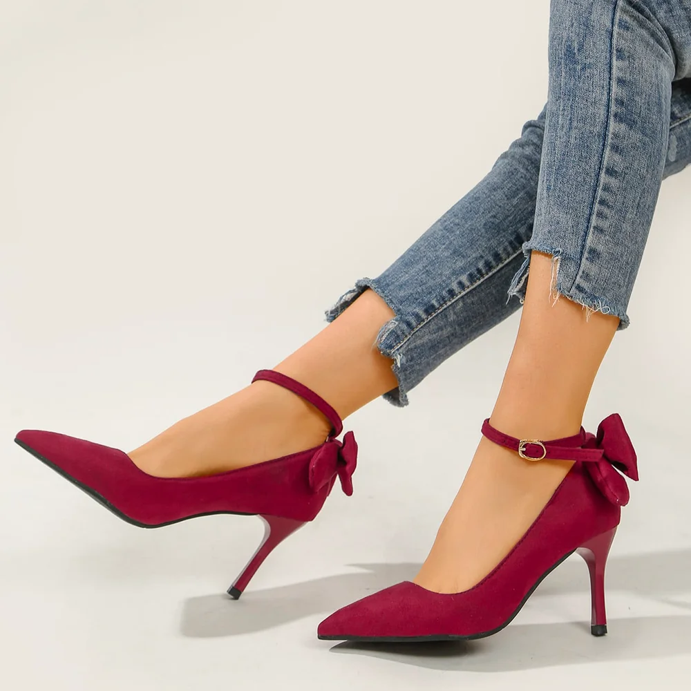 Maroon Suede Closed Pointed Toe Ankle Strappy Pumps With Stiletto Heels Nicepairs