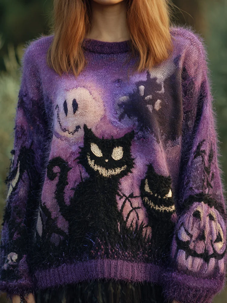 Women's Casual Vintage Halloween Black Cat Embroidered Sweater