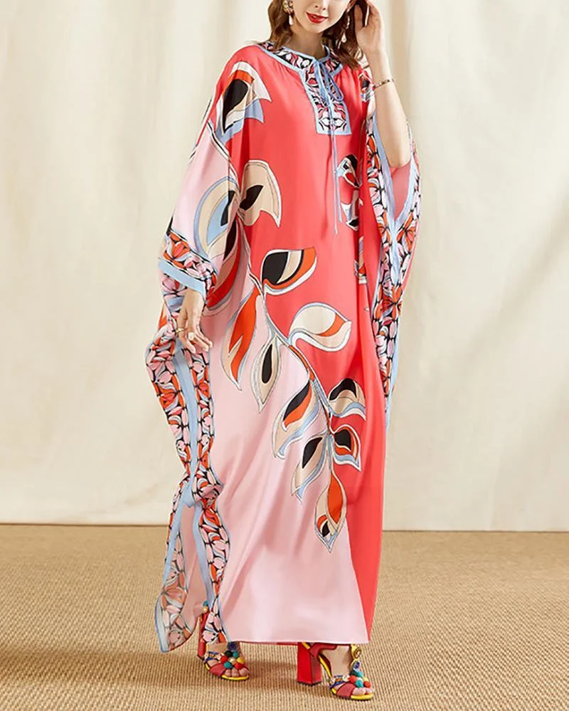 V Neck Batwing Sleeve Printed Side Split Knitting elastic Long Dress