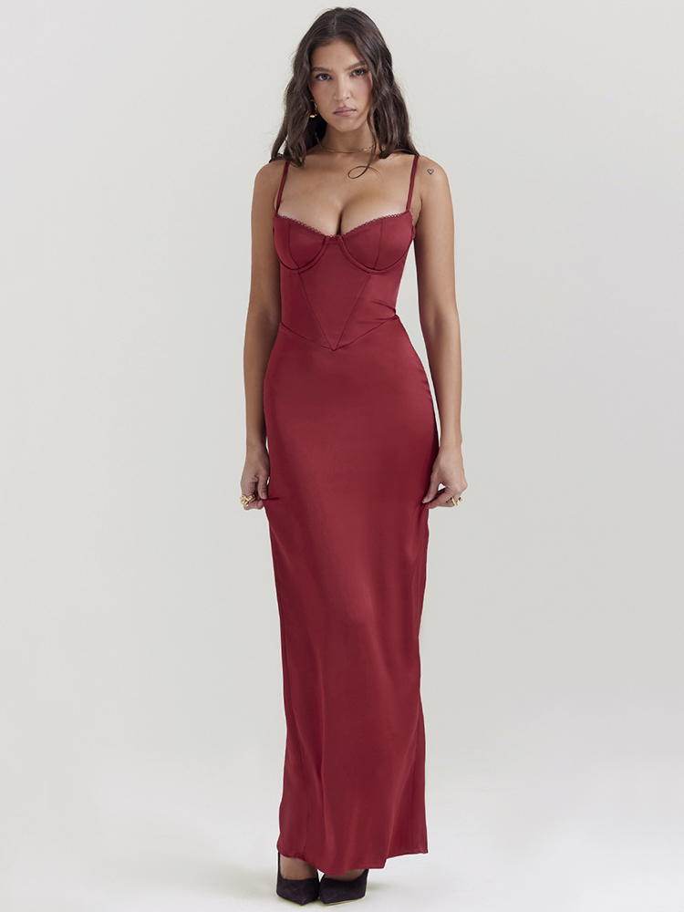 Ootddress Red Sexy Spaghetti Strap Bodycon Elegant Dress For Women Slim Fit Evening Dress Split Maxi Vesidos Party Club Clothing