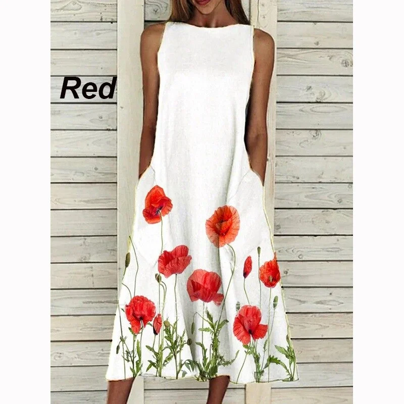 Dress 2022 O Neck Flower Print Summer Dresses For Women Fashion Pocket Sleeveless Dress Female Casual Loose Party Dress