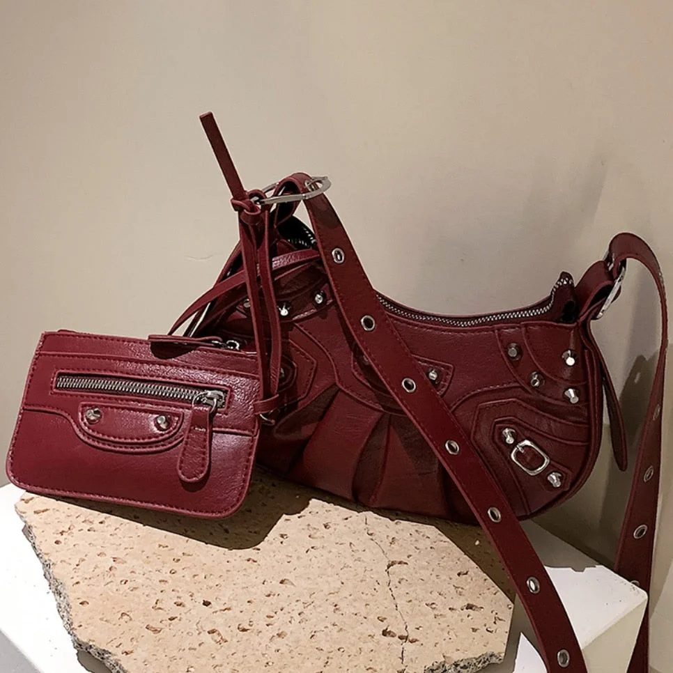 2 bag Half Moon Armpit Bag 2021 Winter New High-quality PU Leather Women's Designer Handbag Vintage Rivet Shoulder Messenger Bag