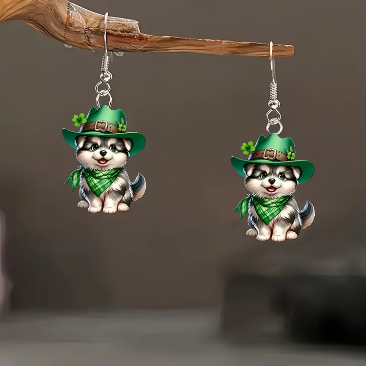 St. Patrick's Day Green Hat Puppy Acrylic Earrings
