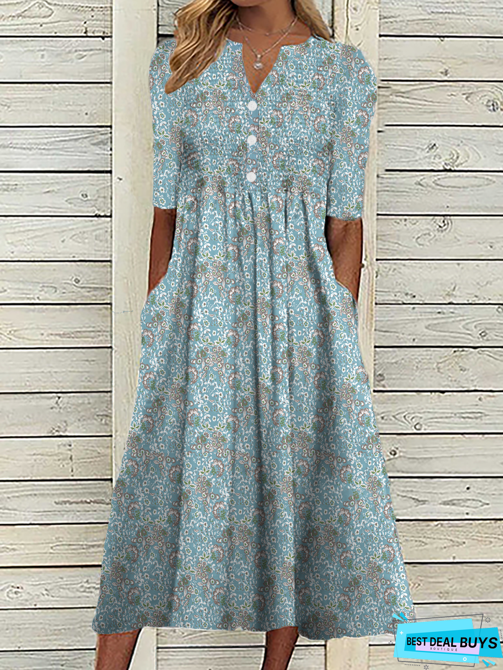 Women's Casual Floral Dress Short Sleeve Blue Dress Pocket V Neck Midi Dress