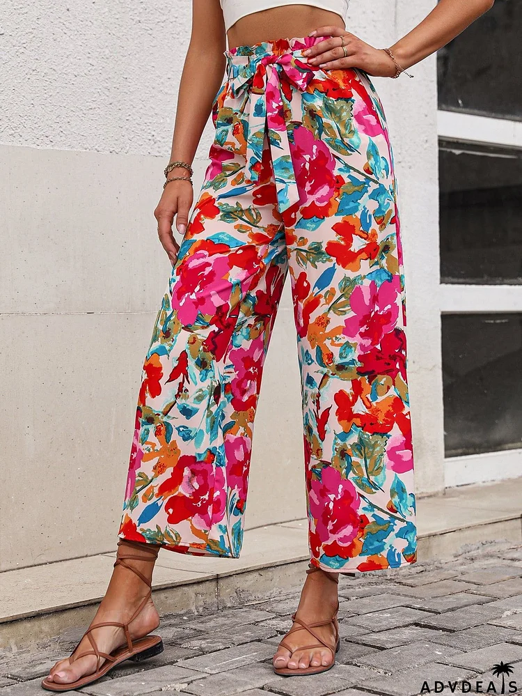 Floral Tie Belt Wide Leg Pants