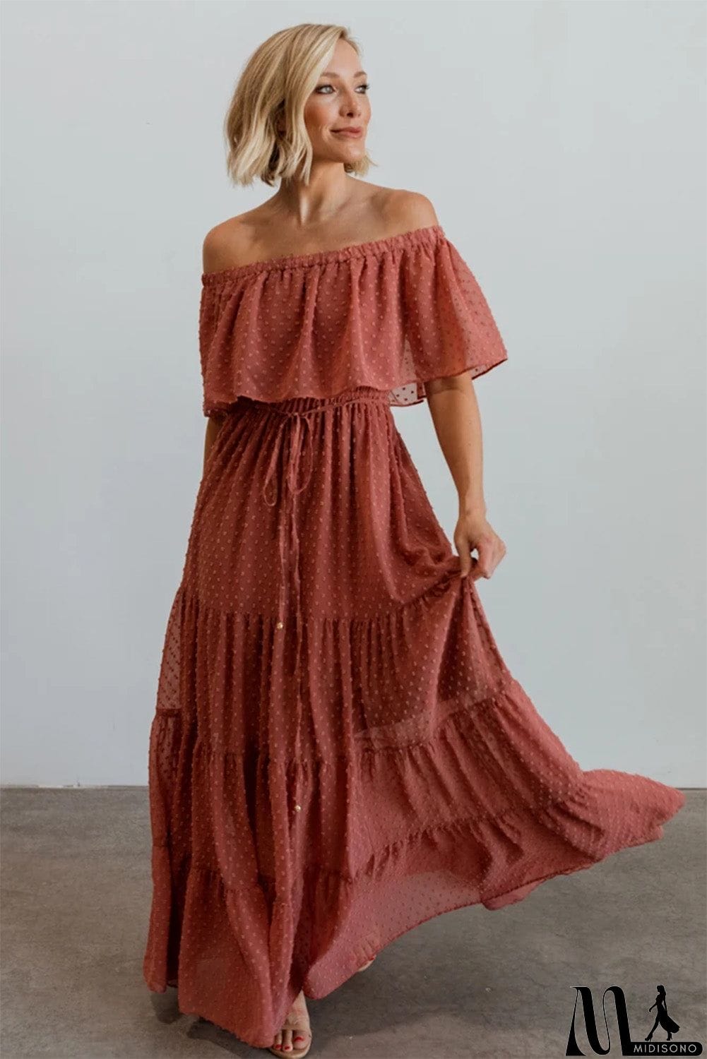 MidiSono - Rust Red Off Shoulder Ruffle Swiss Dot Maxi Dress