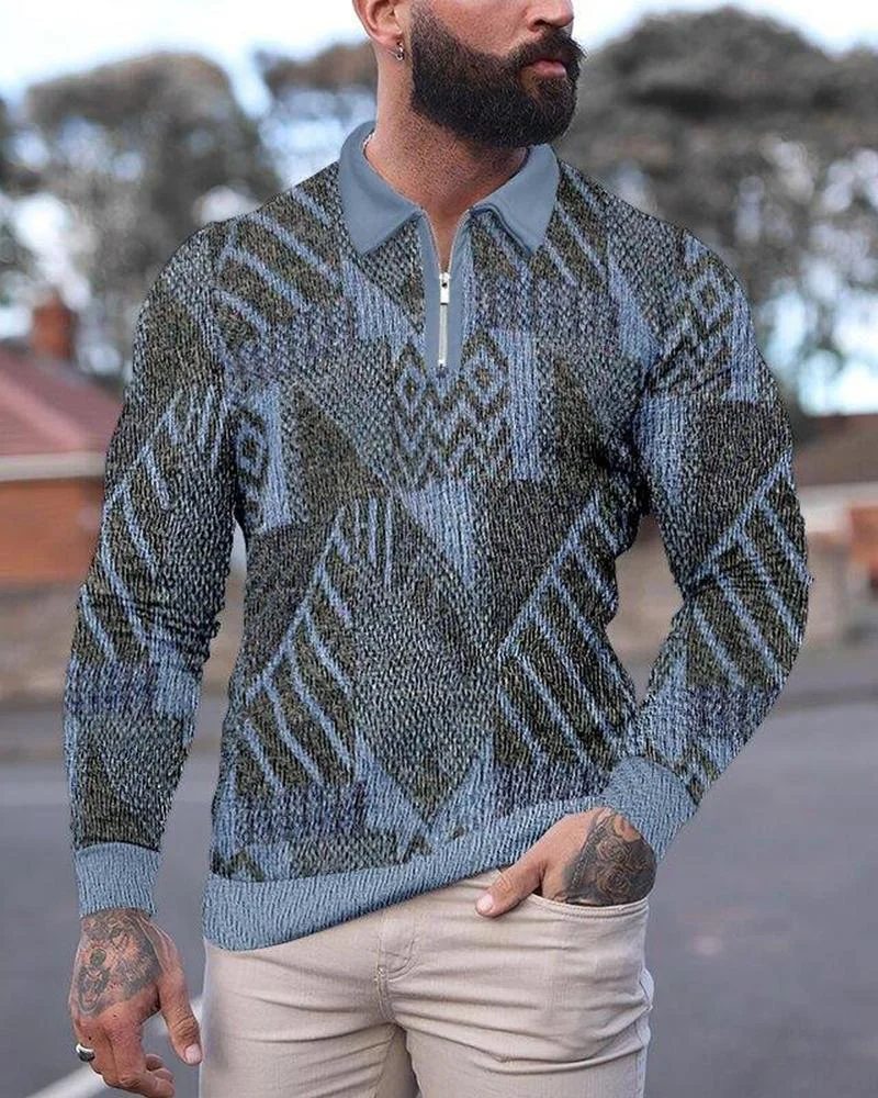men's casual printed polo long sleeves